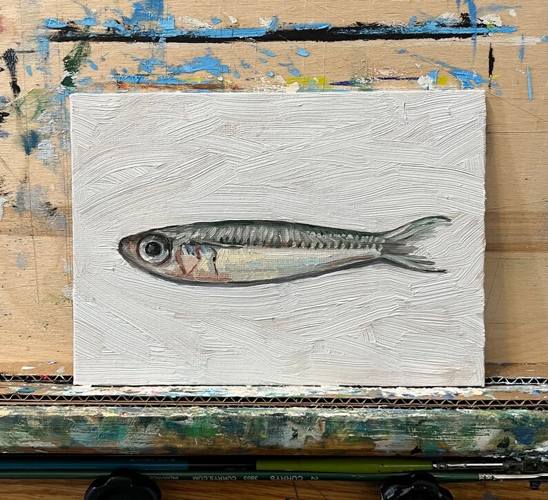 Sardine Painting 5x7, Original Painting, Small Fish Still Life, Kitchen Art, oil on canvas panel image 6