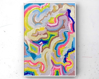 Small Neon Abstract Oil Painting, Oil on Paper, 5x7 inches Bright Dopamine Decorating