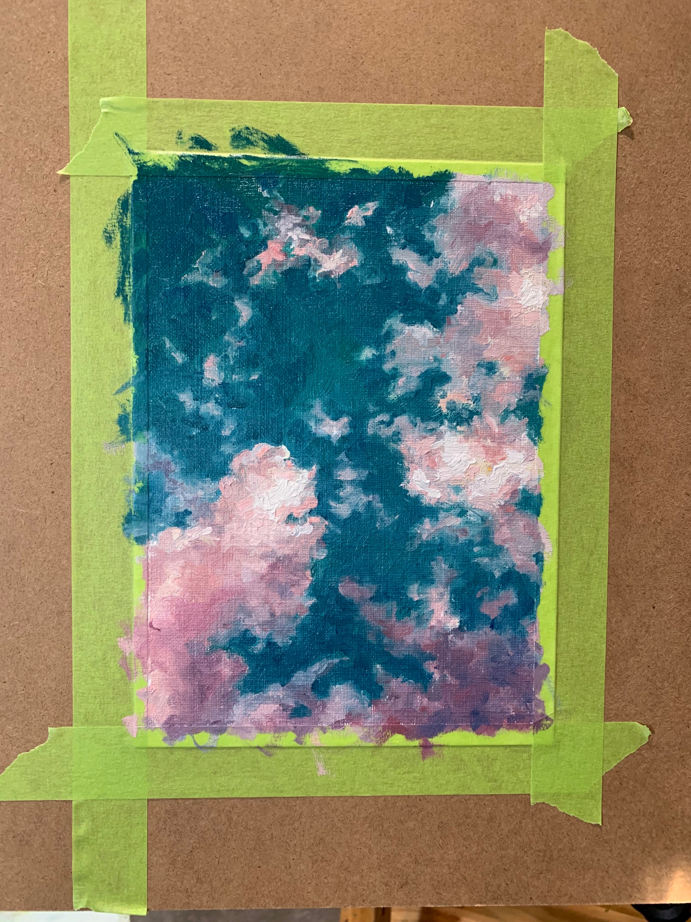 雲の絵、ピンクと紫の空。オリジナルの油絵、5x7 油絵パネル