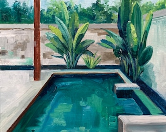 Swimming Pool Original Painting, Bright Blue Water, House Plant Wall Art, 8x10 inches,  Oil on Paper