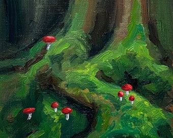 Original Small Painting, Moss and Mushrooms, Forest Floor Whimsigoth, Oil on Paper,  not a print, 5x5 inches