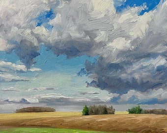 Earth Tones, Original Hand Painted Art, Windy Painted Cloud Landscape 9x12 inches, oil on paper