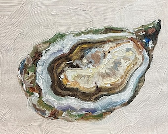 Pittura di ostriche, pittura a olio originale, natura morta di piccoli frutti di mare, arte della cucina, olio 5x7 su pannello di tela, stile francese Cottagecore