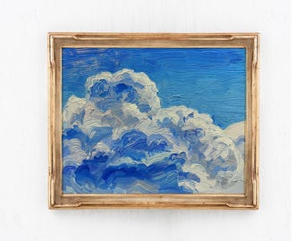 Paysage nuageux impressionniste à la peinture épaisse, huile sur panneau de toile, 15 x 20 cm