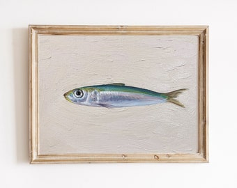 Sardine Painting 8x10, Hand Painted Original, Small Fish Still Life, Kitchen Art, acrylic on canvas panel