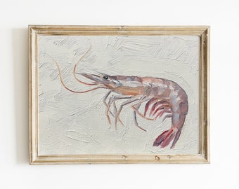 Small Shrimp Painting 5x7", Original Painting, Small Fish Still Life, Kitchen Art, oil on canvas panel