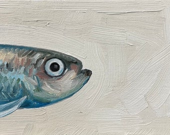 Textured Sardine Painting, Original Oil Painting, Kitchen Art, 5x7" oil on canvas panel