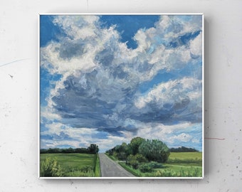 Landscape Painting, Billowing Clouds, Original Oil Painting, Farmland, 8x8 oil on panel