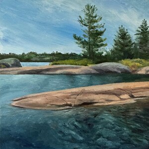 Pintura al óleo original de la orilla del lago, 6x6": Arte paisajístico canadiense