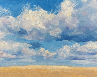 印象派の雲の風景、オリジナル油絵、6x8インチ、キャンバス