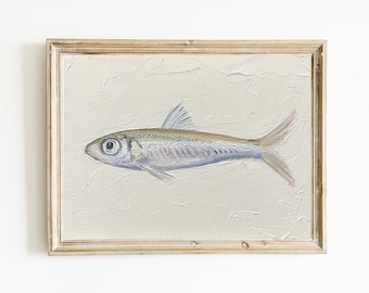 Pesce pallido, Pittura sardina dipinta a mano, Opere d'arte originali, Natura morta di piccoli pesci, Arte della cucina, olio 5x7 su pannello di tela