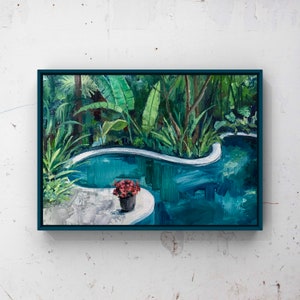 Opera d'arte della piscina, Dipinto originale, Piscina di foglie di banana della giungla, Arte della parete della pianta della casa, 8x10 Olio su carta