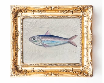 Petit doigt, oeuvre d'art de petite sardine, peinture originale, nature morte de poisson vairon, art de cuisine, huile 5 x 7 sur panneau de toile