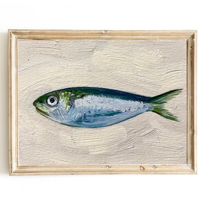 Sardine Painting 4x6, Original Painting, Small Fish Still Life Kitchen Art, 4x6 oil on paper image 1