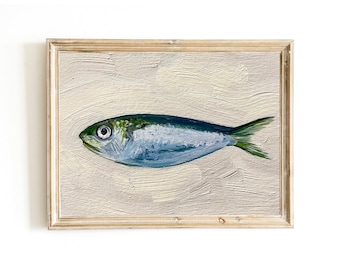 Sardine Painting 4x6", Original Painting, Small Fish Still Life Kitchen Art, 4x6" oil on paper