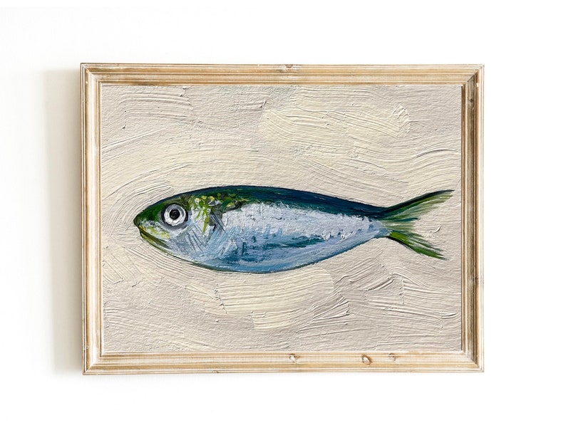 Sardine Painting 4x6, Original Painting, Small Fish Still Life Kitchen Art, 4x6 oil on paper image 1