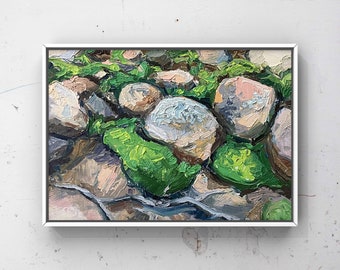 Very Thick Oil Paint, Georgian Bay Rocks and Moss, Original Wall Art, Abstract Landscape, 6x8 inches oil on paper