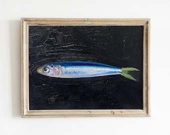 Sardine Painting, Original Painting, Small Fish Still Life Kitchen Art, 5x7 on canvas panel