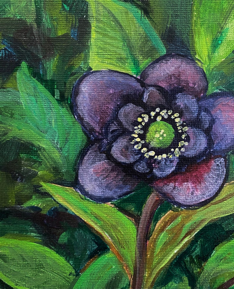 Dark Flowers, Original Painting, Whimsigoth Dark Academia Style, Canvas Panel, Floral Wall Art, 5x7inches image 3