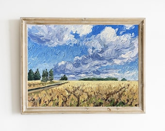 Tableau impressionniste lumineux, Paysage nuageux, Peinture à l'huile originale, 20 x 25 cm, huile sur panneau