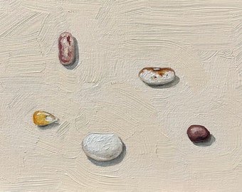 Gardening Art, Heirloom Seeds,  Original Oil Painting, Cozy Warm Home Wall Art, Oil on Panel 5x7 inches, beans and corn, minimalist
