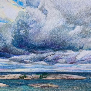 Origineel werk, geen printmeerlandschap, golvende wolken, , cottage leven, 7x9 inch grafiet, inkt, kleurpotlood