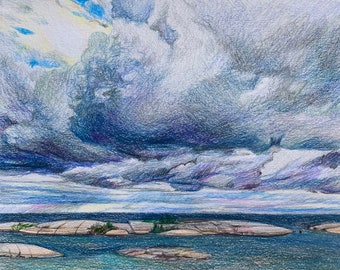 Original Work, Not a PrintLake Landscape, Billowing Clouds, , Cottage life, 7x9 inches graphite, ink, coloured pencil