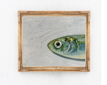 Sardine Painting 4x5", Original Oil Painting, Small Fish Still Life, French Style Kitchen Art, oil on paper