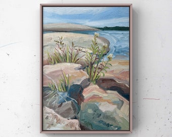 Landscape Painting 5x7”, Gift for Cottage, Natural Lakeshore,  oil paint canvas panel, original painting, neutral light colours