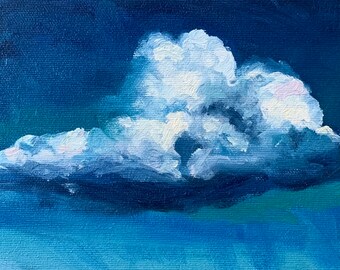 Original painting, not a print. Small Cloud on Indigo background. Wall Art, Gift for Her, 6x6 oil on panel