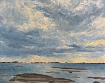 Original Ölgemälde, stürmische Seelandschaft, Öl auf Malplatte, 20 x 25 cm
