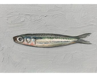 Pink Sardine Painting, Original Painting, Small Fish Still Life, Kitchen Art, 5x7 oil on canvas panel