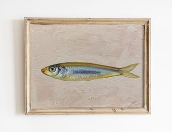 Textured 6x8&quot; Sardine Painting, Original Oil Painting, Kitchen Art, oil on canvas panel, anchovy fishy