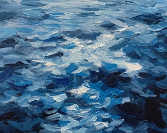 Original Work, Water Study, Not a Print, Painting in canvas panel, Waves on the Water, Gift for Her,  8x8 canvas wall art