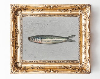 Pink Sardine Painting, Original Painting, Small Fish Still Life, Kitchen Art, 5x7 oil on canvas panel