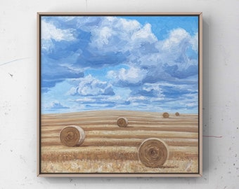 Landscape Painting 12x12 inches, HayBales and Clouds, Original Oil Painting, oil on panel