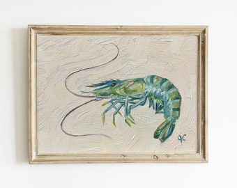 Piccolo dipinto di frutti di mare, dipinto originale, natura morta di piccoli gamberetti, arte della cucina, olio su pannello di tela, mini arte culinaria impressionista