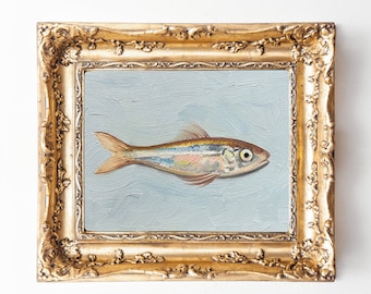 Gold Sardine on Blue Background, Original Painting, Small Fish Still Life, Kitchen Art, 6x8 oil on canvas panel