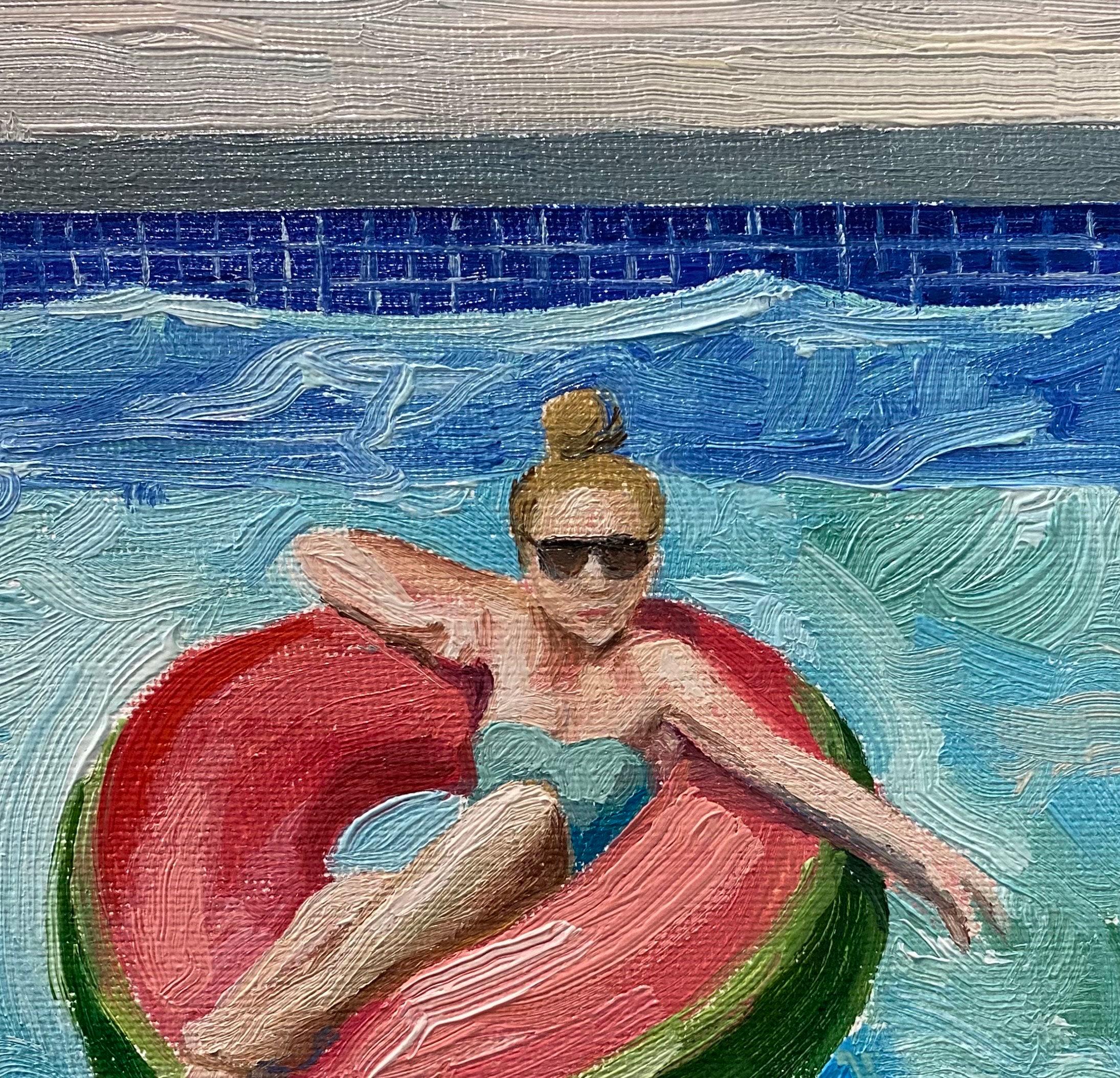 オリジナル油絵、ピンクの浮き輪に浮かぶ女性、夏のプールサイドの壁画