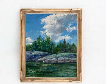 Lake Painting, Rocky Landscape, Original Oil Painting, Cottage life, 8x10”oil on paper