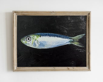 Pittura sardina, pittura originale, arte della cucina di natura morta di piccoli pesci, olio 4x6" su carta