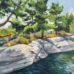 Puede incluir: Una pintura al óleo sobre lienzo que representa una costa rocosa con grandes rocas de color gris claro que se encuentran con agua de color azul verdoso oscuro. Varios árboles de hoja perenne con agujas verdes crecen a lo largo del borde.