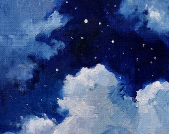 Hand Painted, Night Clouds 4x5" Celestial Painting, Original Wall Art, Stars and night clouds, oil on paper