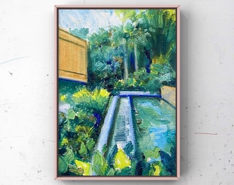 Original oil 6x8” Swimming Pool Art, Jungle Modern Architecture, Water Swimming, House Plant Wall Art, oil on paper