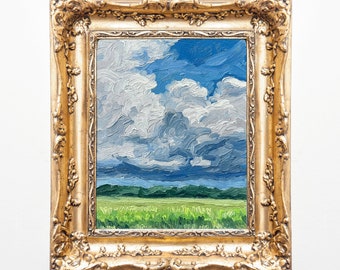 Original Hand Painted Art, Windy Painted Clouds, Spring landscape, 5x7” oil on canvas panel