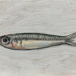 Sardine Painting 5x7, Original Painting, Small Fish Still Life, Kitchen Art, oil on canvas panel image 5