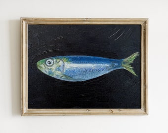 Seafood Art, Sardine Painting, Original Painting, Small Fish Still Life Kitchen Art, 5x7 on canvas panel
