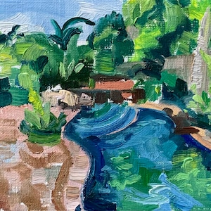 Opera originale, Non una stampa, Giungla astratta, Piccola pittura, Piscina e piante, Olio su carta 5x4