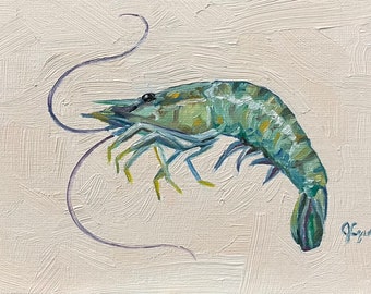 5x7" Shrimp Painting, Original Painting, Small Fish Still Life, Kitchen Art, oil on canvas panel