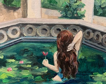 Swimming Figure Painting, Woman Bathing, Whimsigoth Decor, Original Oil, 8x10 inches